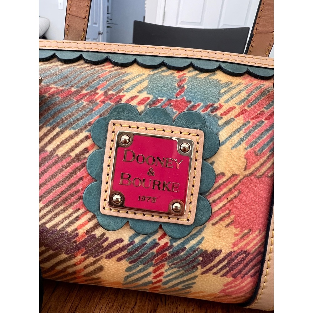 Dooney & Bourke Plaid Coated Canvas Barrel Bag Multicolor Scalloped Trim Satchel - Picture 3 of 16